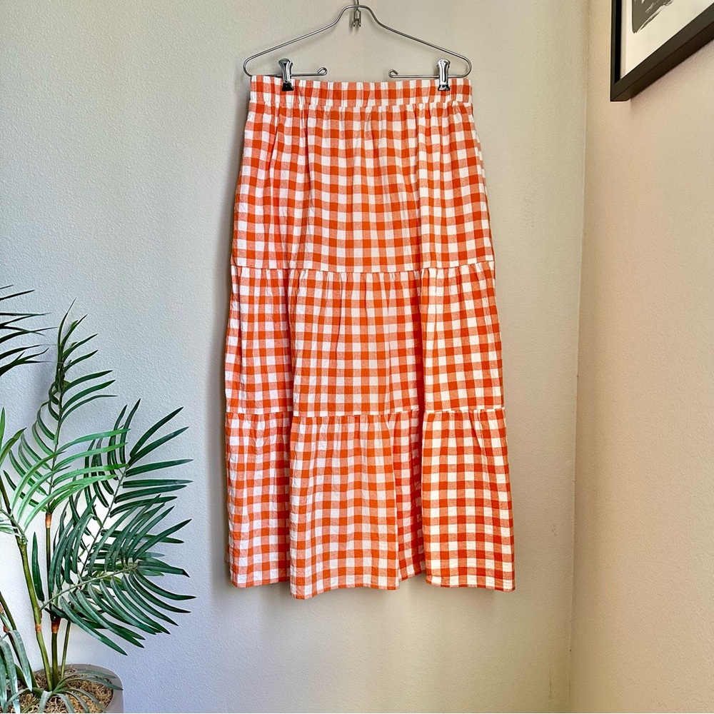 Orange Gingham Tiered Skirt with Pockets